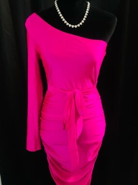 One-Shoulder Fuchsia Ruched Tie-Waist Dress